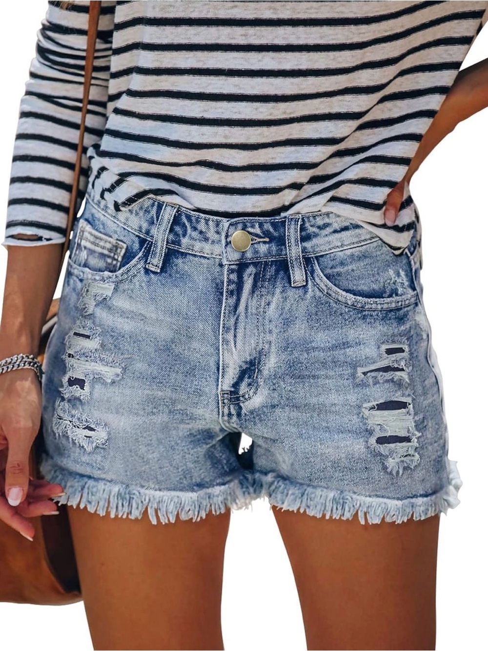Light Blue Distressed Denim Shorts with Frayed Hem